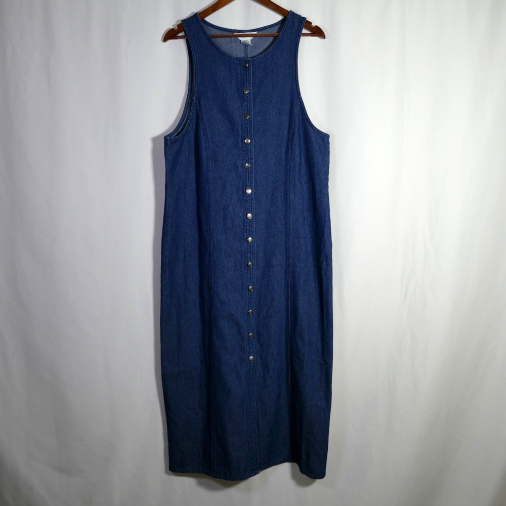 VTG Womens Cottagecore Denim Maxi Jumper Dress Size L Overall Modest Prairie